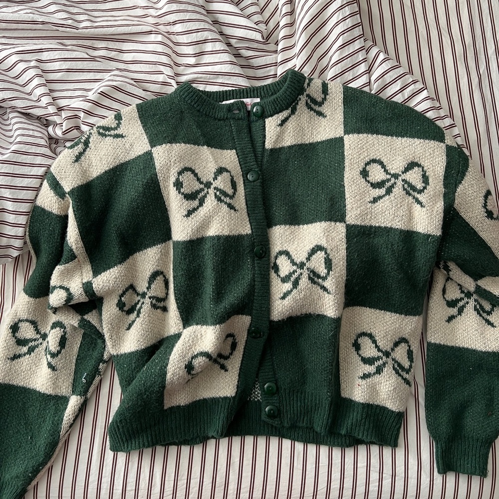 Lisa Says Gah Lauda Cardi Green Bows Checkerboard